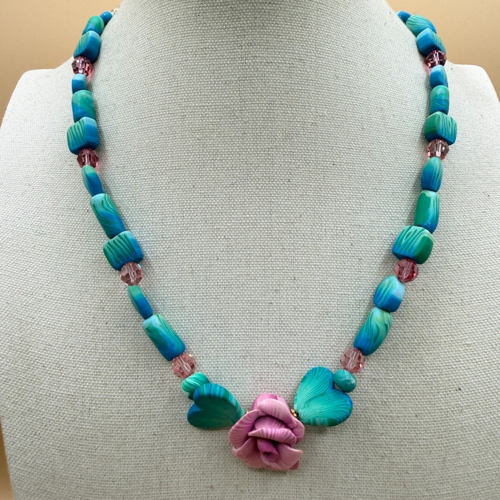 Pink Rose Flower Necklace Turquoise Tone Green Beads Crystal Cottagecore Gift